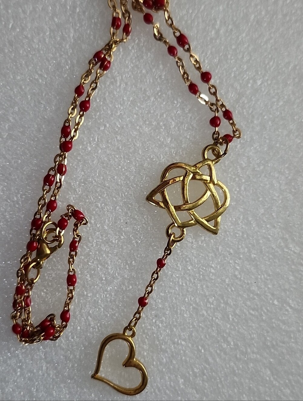 Hand Crafted Gold and Red Celtic Knot Necklace with Heart Charm